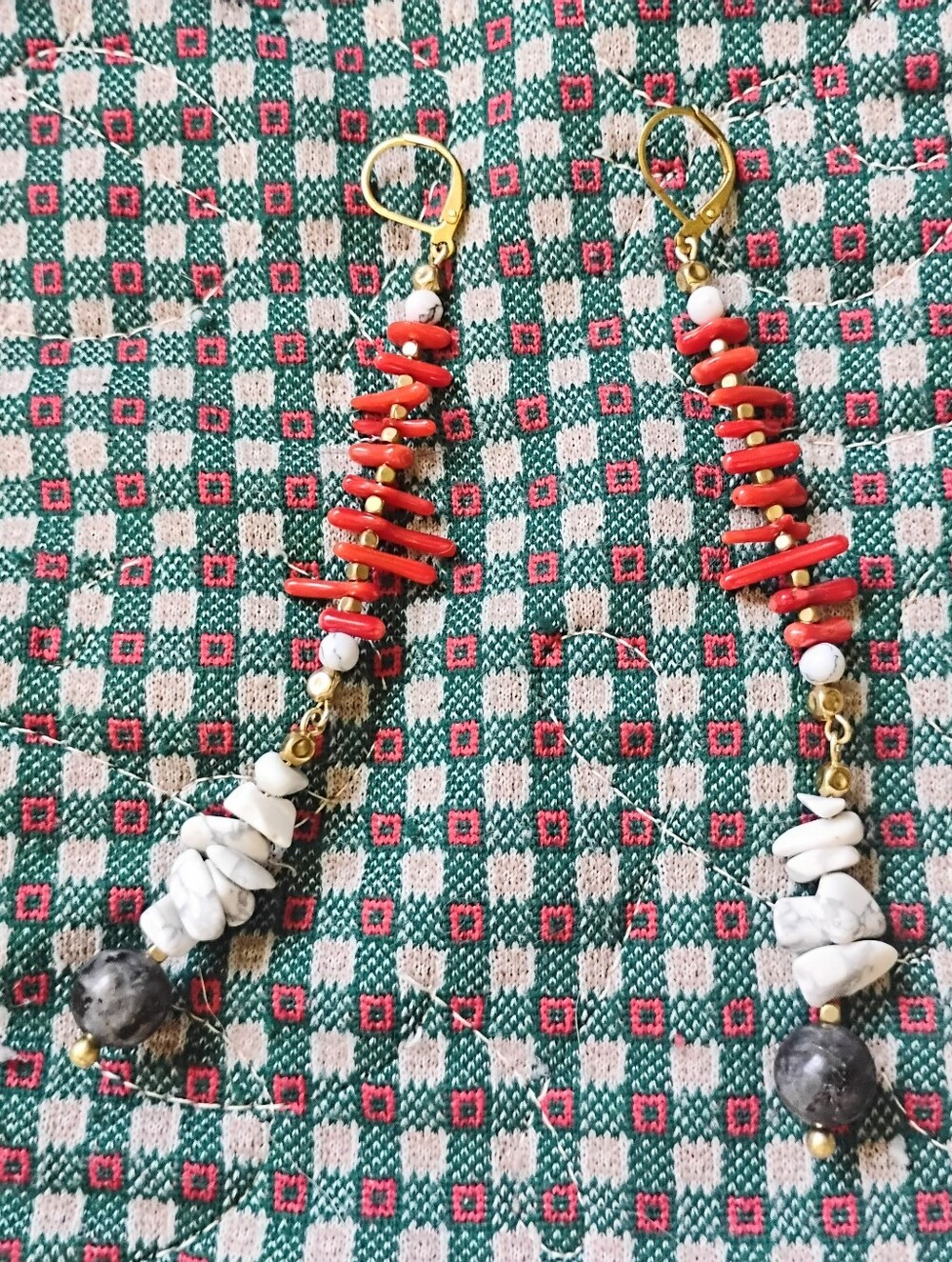 Red Coral, Howlite, and Black Moonstone Handmade Earrings